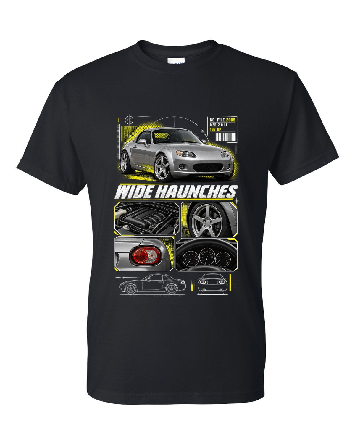 Dossier panels print for the Mazda MX-5 NC PRHT 2005-15 with MZR 2.0 LF and wide haunches black t-shirt front view with the design