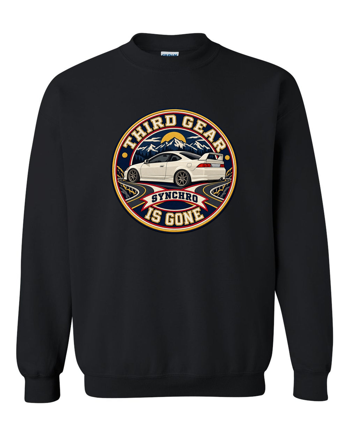 Embroidery patch style print of a 2002 Honda Integra DC5 ch with third gear synchro text black crewneck front view with the design
