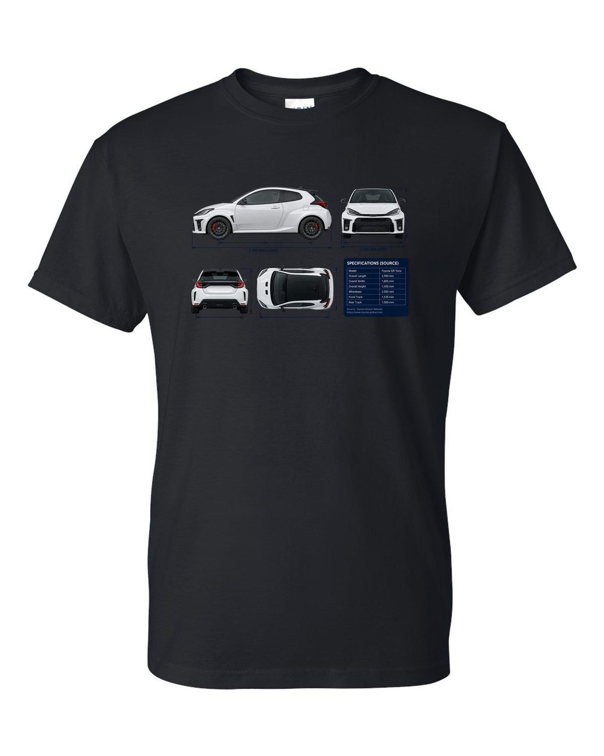 Toyota GR Corolla Morizo Edition Blueprint black t-shirt front view with the design