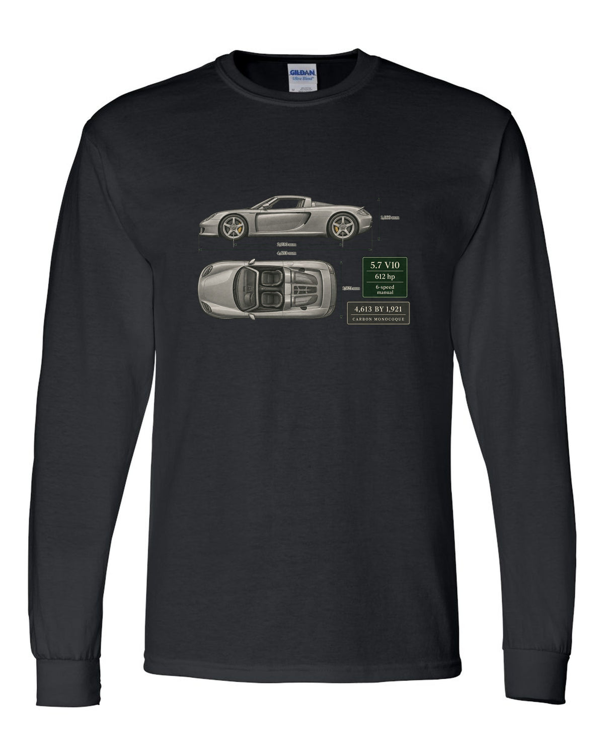 Porsche Carrera GT top view dimension blueprint print design black long sleeve front view with the design