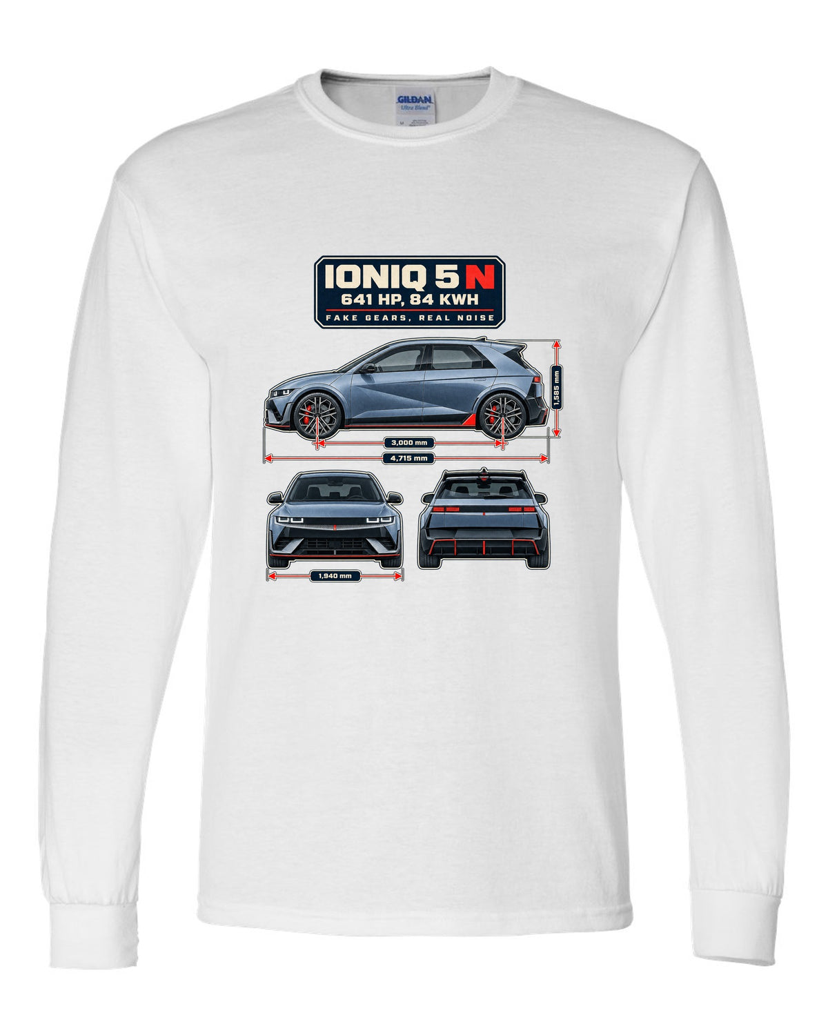 Hyundai Ioniq 5 N dimension blueprint print on a shirt white long sleeve front view with the design