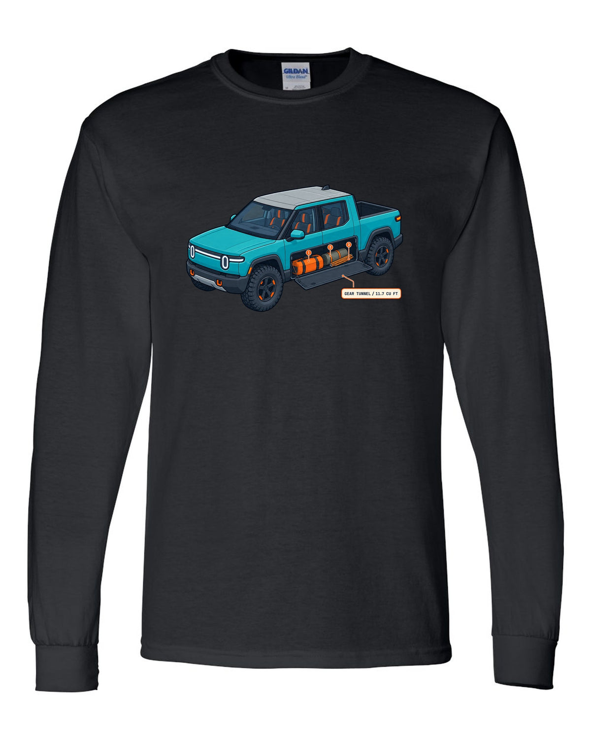 Isometric cutaway technical illustration print of a Rivian R1T reading Gear Tunnel 11.7 Cu Ft black long sleeve front view with the design