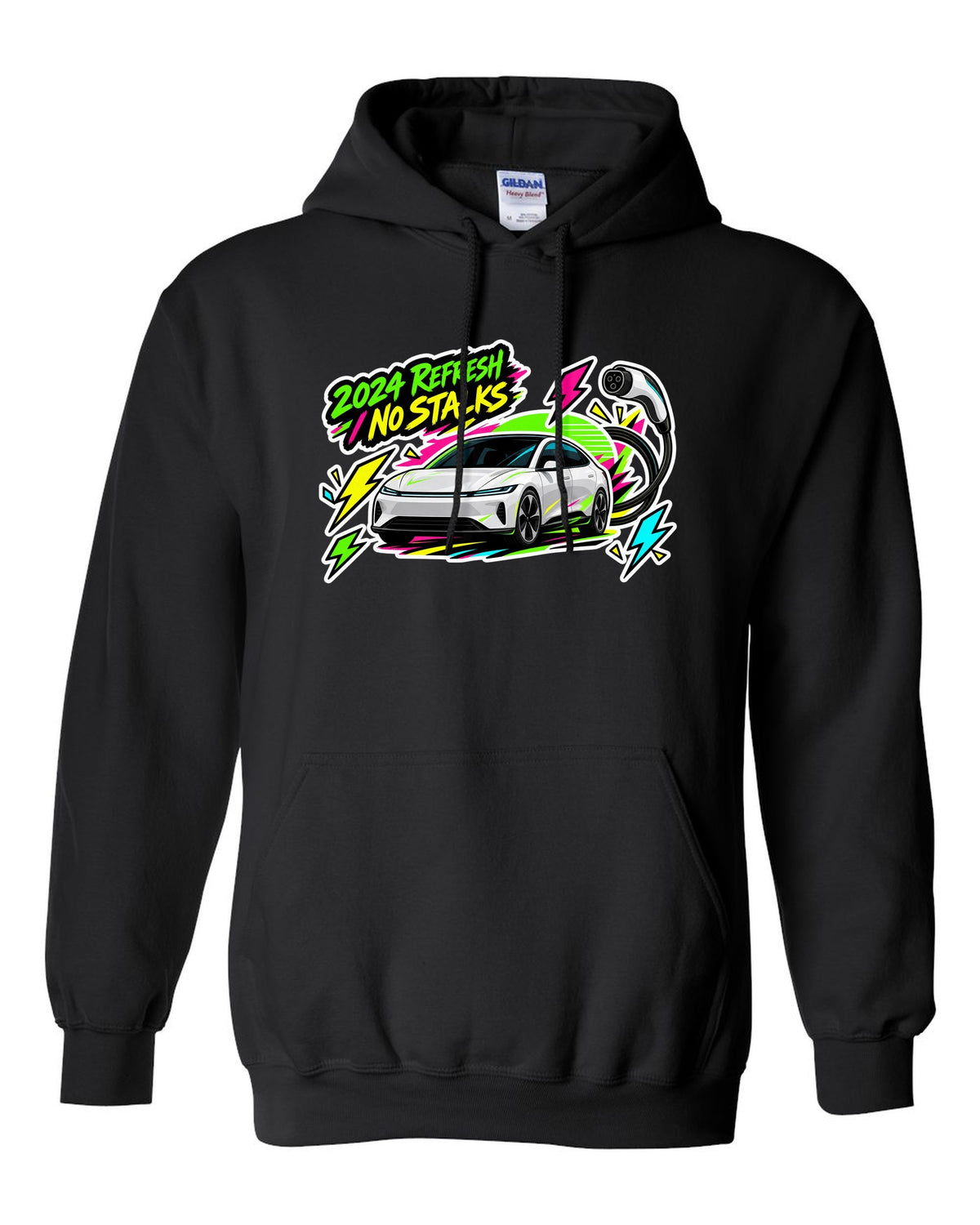 Sticker bomb collage print of a Tesla Model 3 Highland with the text 2024 Refresh No Stalks black pull over hoodie front view with the design