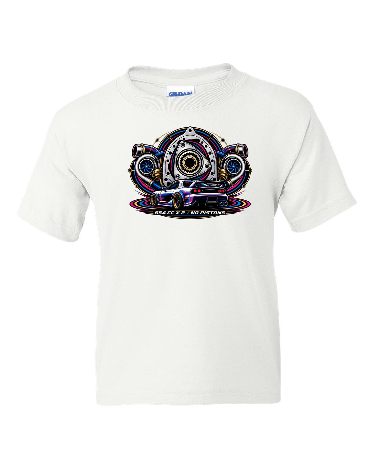 Two-colour riso style rear view print of a Mazda RX-7 FD3S with text $800, FD3S, Runs white kids tee front view with the design