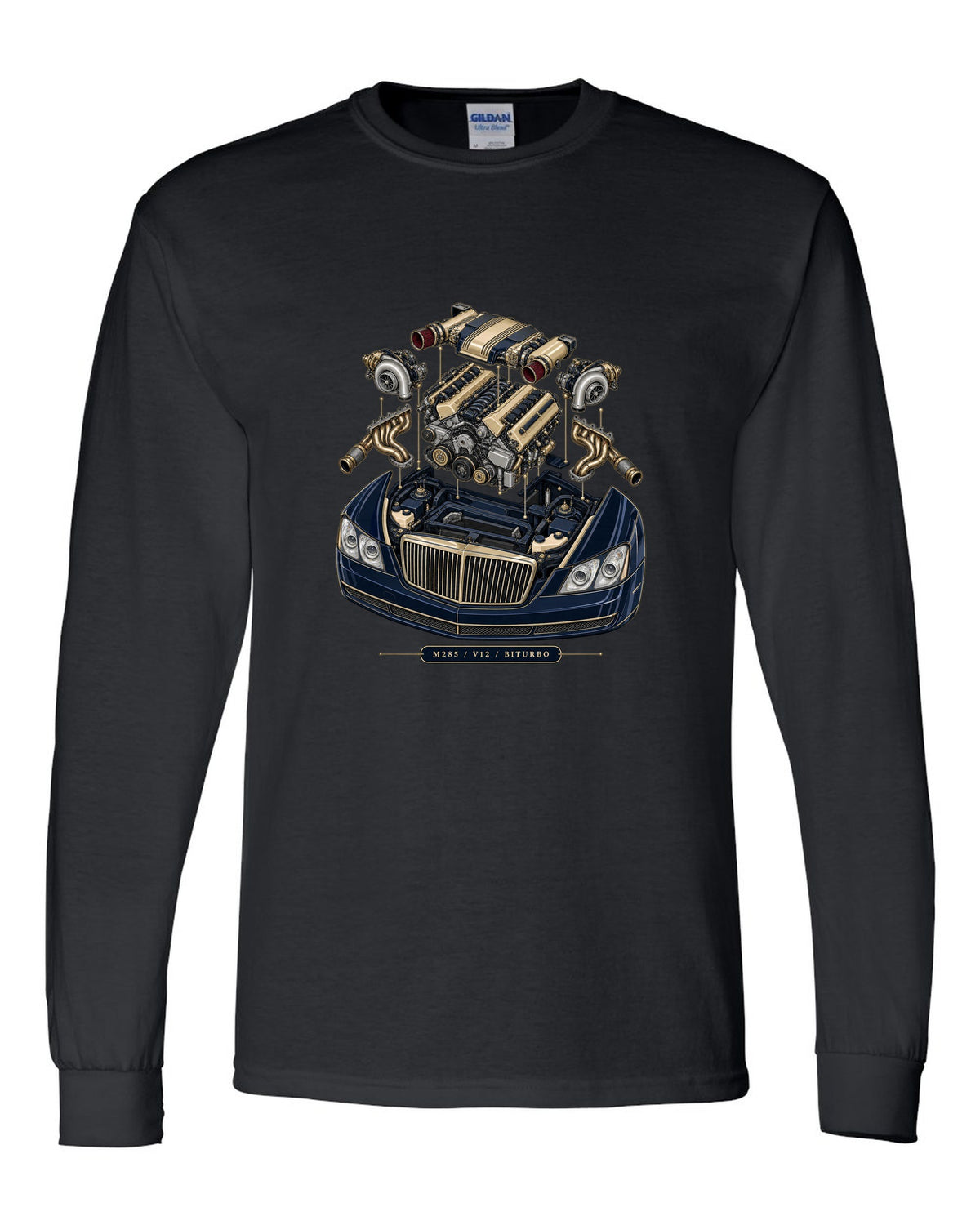 Pastel vaporwave rear view of the one-off Maybach Exelero on a shirt back black long sleeve front view with the design