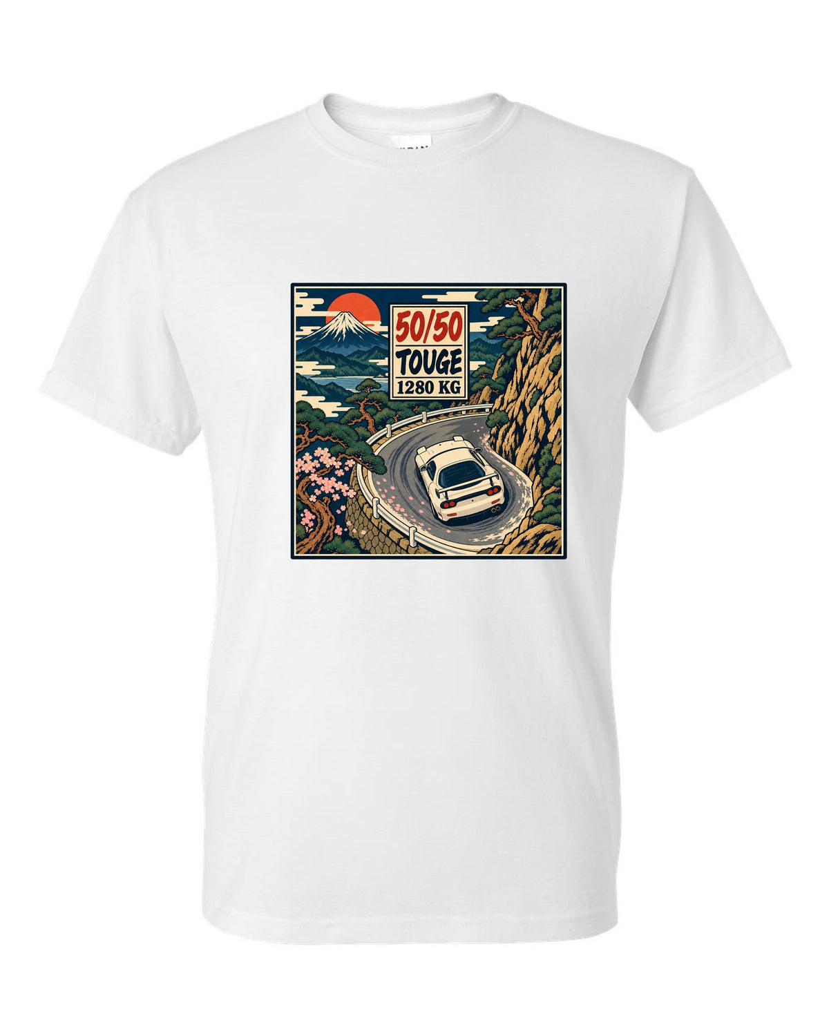 Lo-fi anime harbour dusk scene with a Mazda RX-7 FD3S and SA22C and HIROSHIMA lettering white t-shirt front view with the design