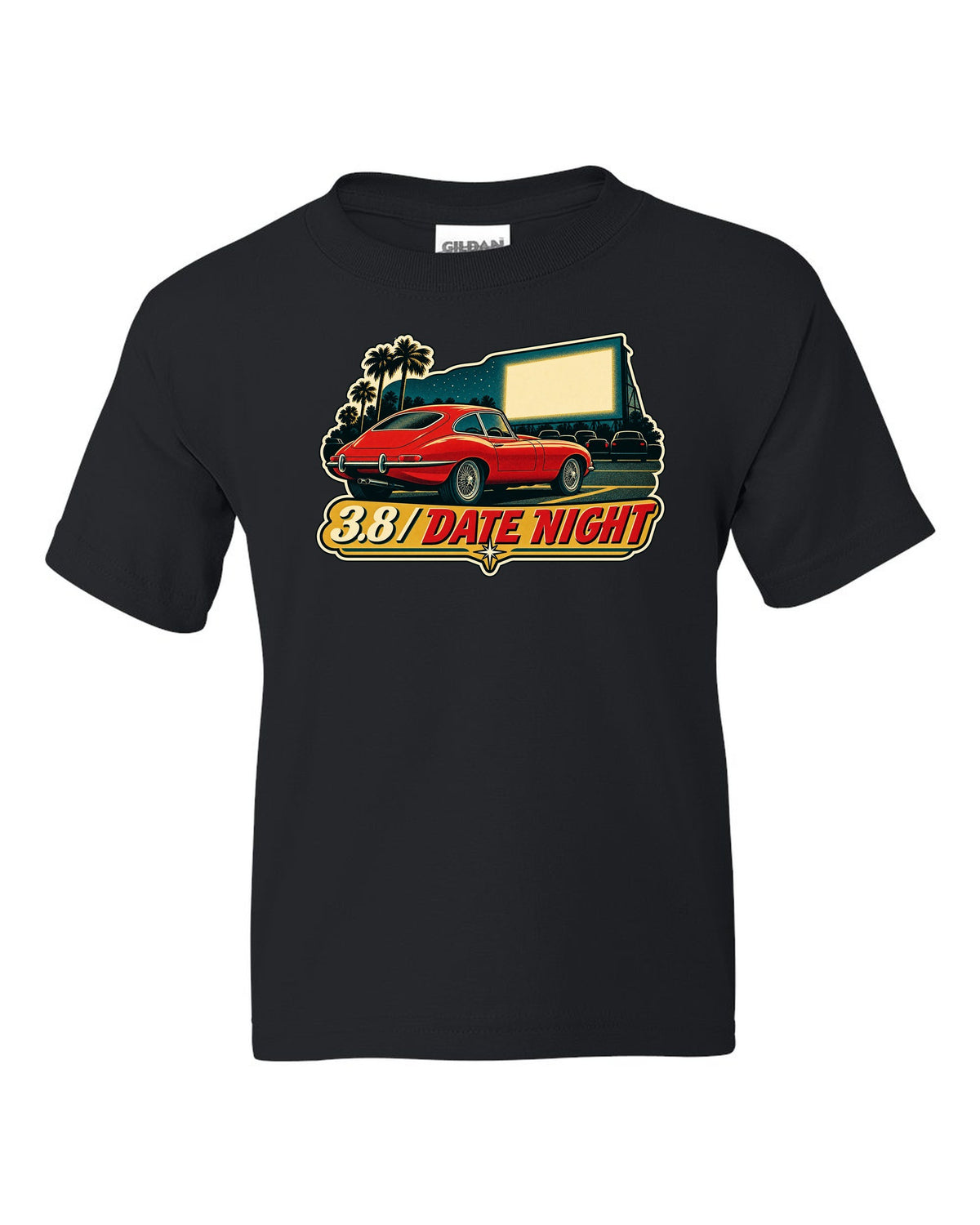 Jaguar E-Type Series 1 vintage race poster with 3.8 DATE NIGHT lettering black kids tee front view with the design