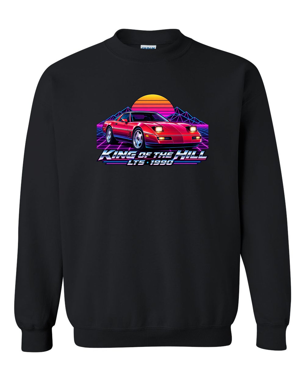 Synthwave neon horizon print of a 1990 Chevrolet Corvette C4 ZR-1 with King of the Hill LT5 lettering black crewneck front view with the design