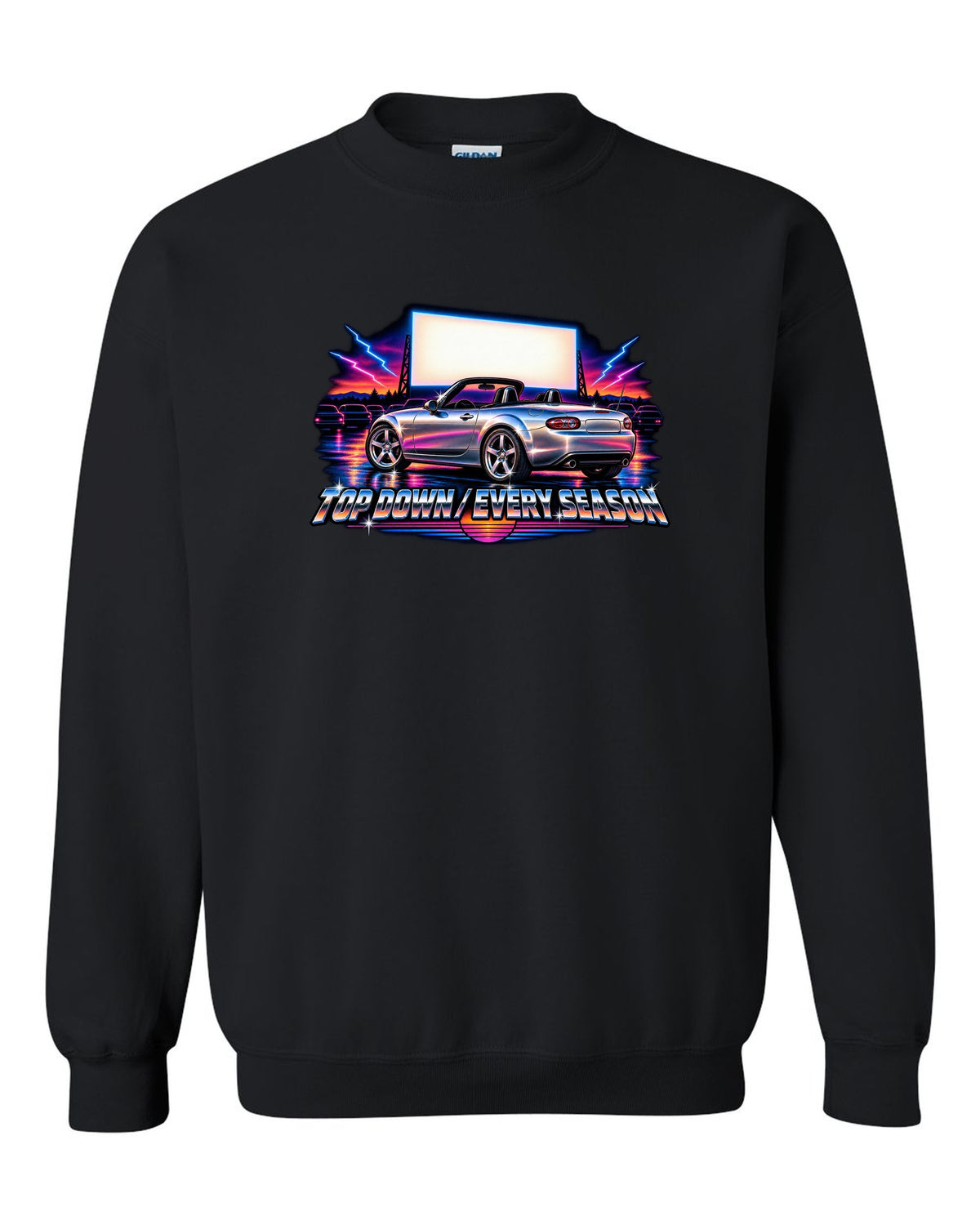 Eighties airbrush chrome print of a Mazda MX-5 NC with the text Top Down Every Season black crewneck front view with the design