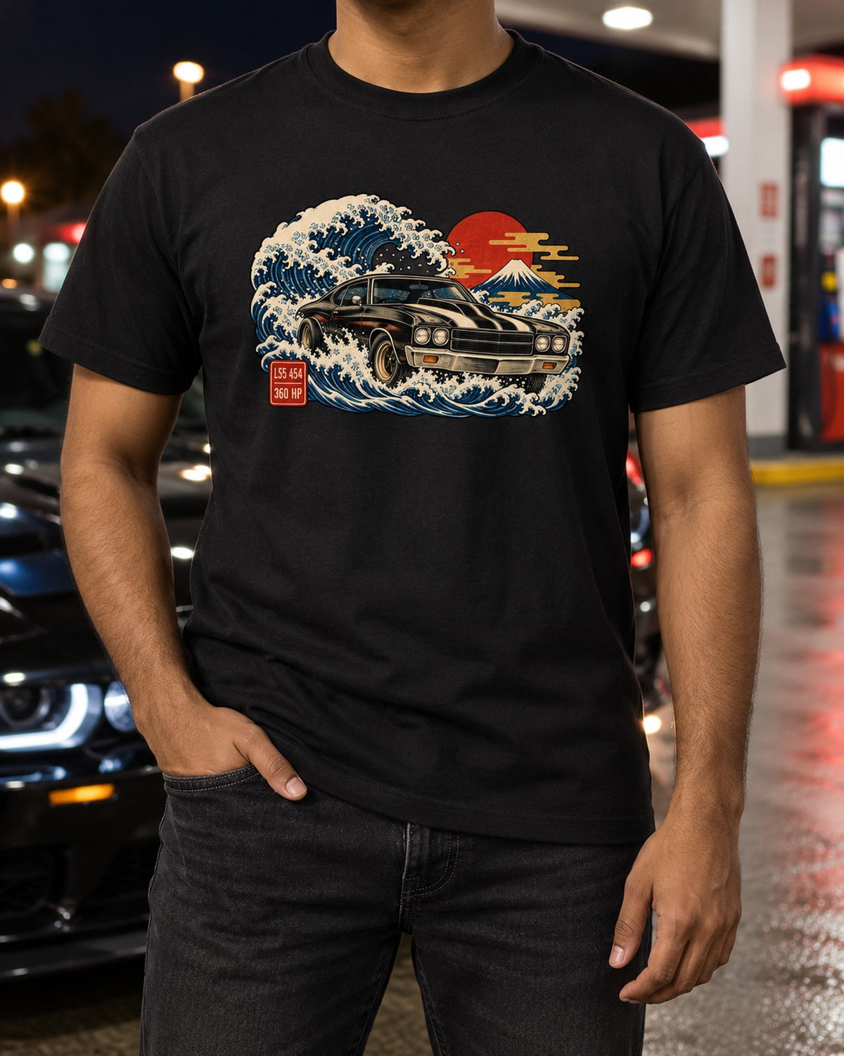 1970 Chevelle SS Great Wave Woodblock Shirt, LS5 454 Car Tee T-Shirt Black worn hero