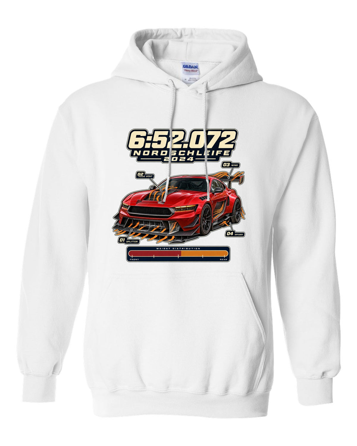 print of a Mustang GTD with aero callouts and 6:52.072 Nordschleife 2024 text white pull over hoodie front view with the design