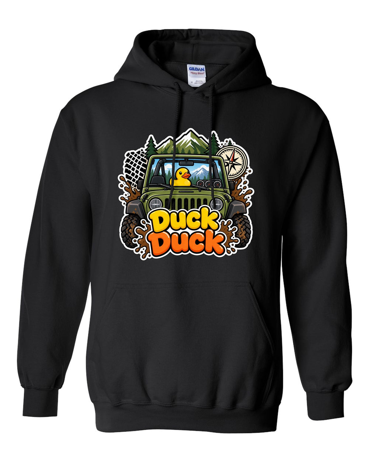 Sticker-bomb collage print of a Jeep Wrangler JK dashboard with ducks black pull over hoodie front view with the design