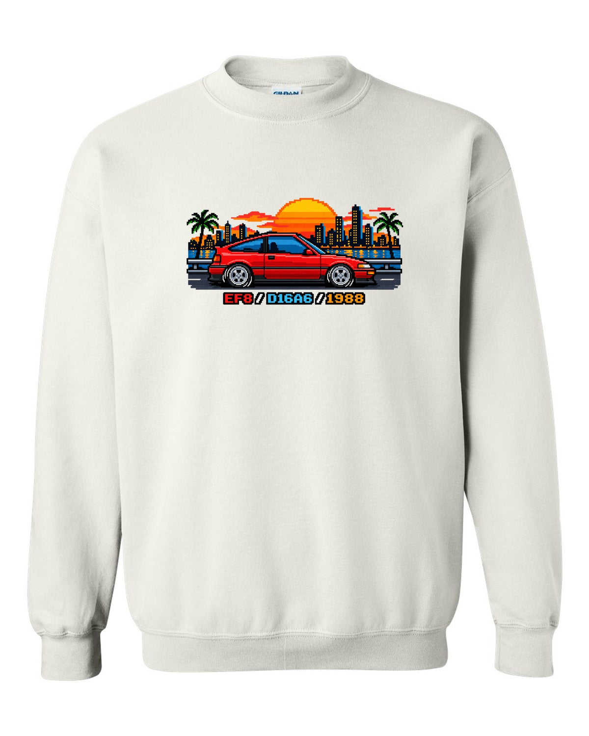 16-bit pixel art Honda CRX EF8 print with D16A6 and 1988 text white crewneck front view with the design