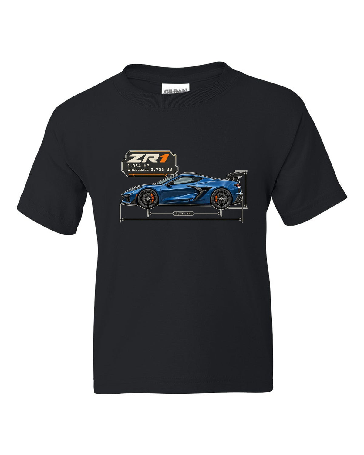 print of a Chevrolet Corvette C8 ZR1 2025 dimension blueprint with 1,064 HP and wheelbase text black kids tee front view with the design