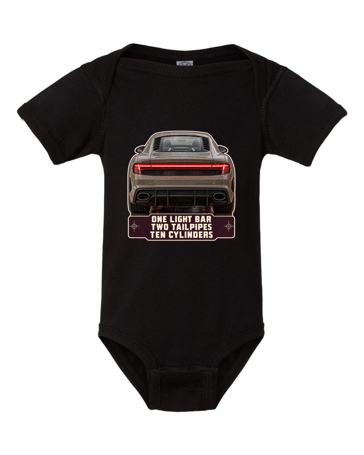 Audi R8 V10 performance rear taillight macro print design black baby onesie front view with the design
