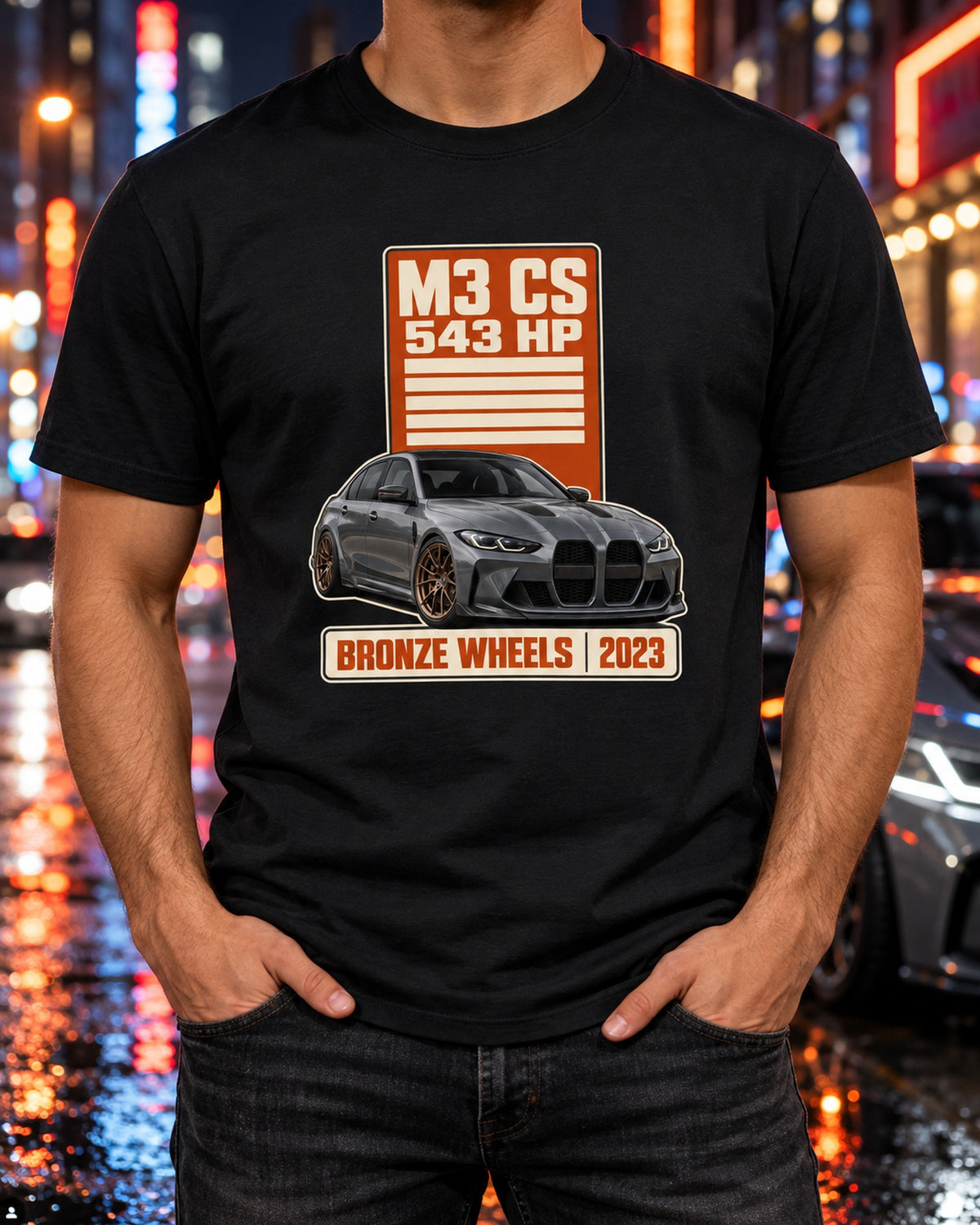 BMW M3 CS G80 Spec Poster Shirt, Bronze Wheels 2023 Tee T-Shirt Black worn hero