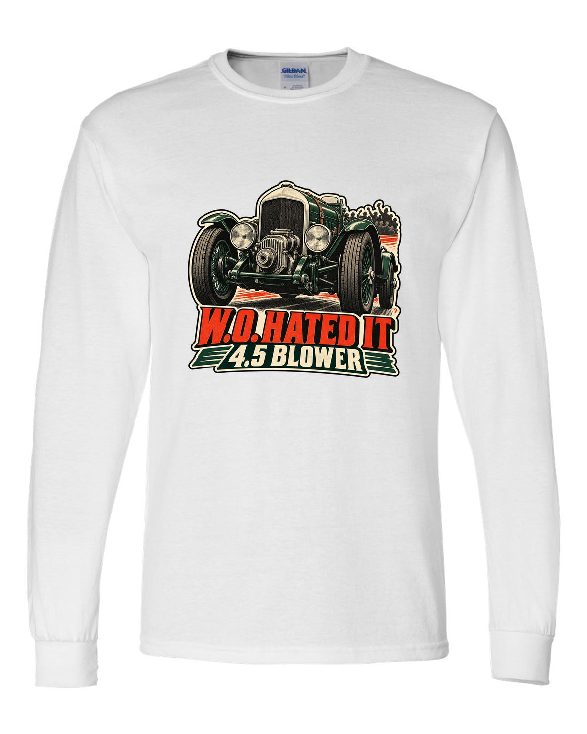 Vintage race poster style print of the 1929 Bentley 4.5 Litre Blower with W.O. lettering white long sleeve front view with the design