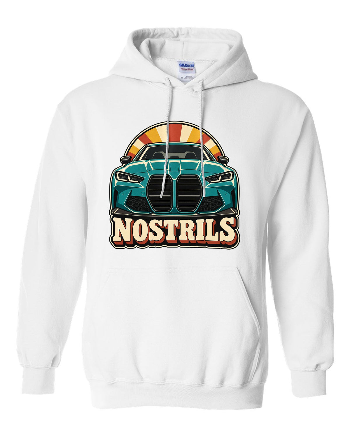 BMW G80 M3 retro catalogue ad style print with Nostrils text white pull over hoodie front view with the design