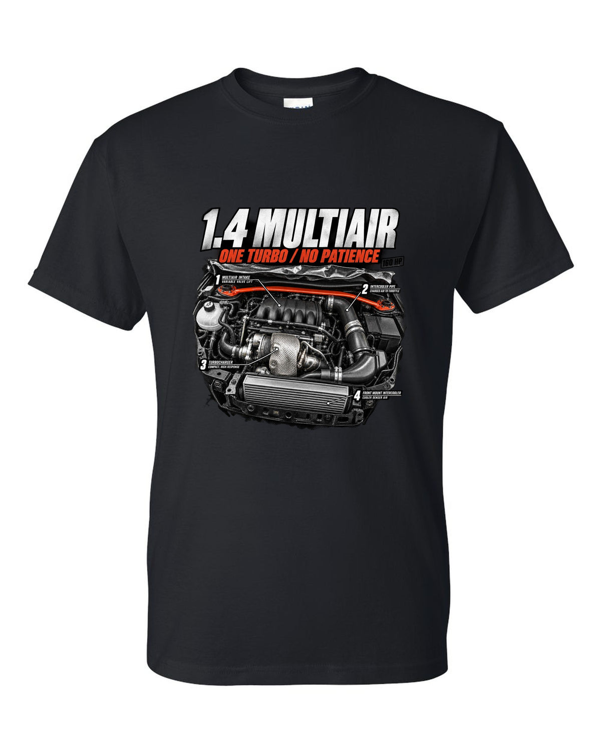 Engine hero print of the Fiat 500 Abarth 1.4 MultiAir turbo with 160 HP text black t-shirt front view with the design