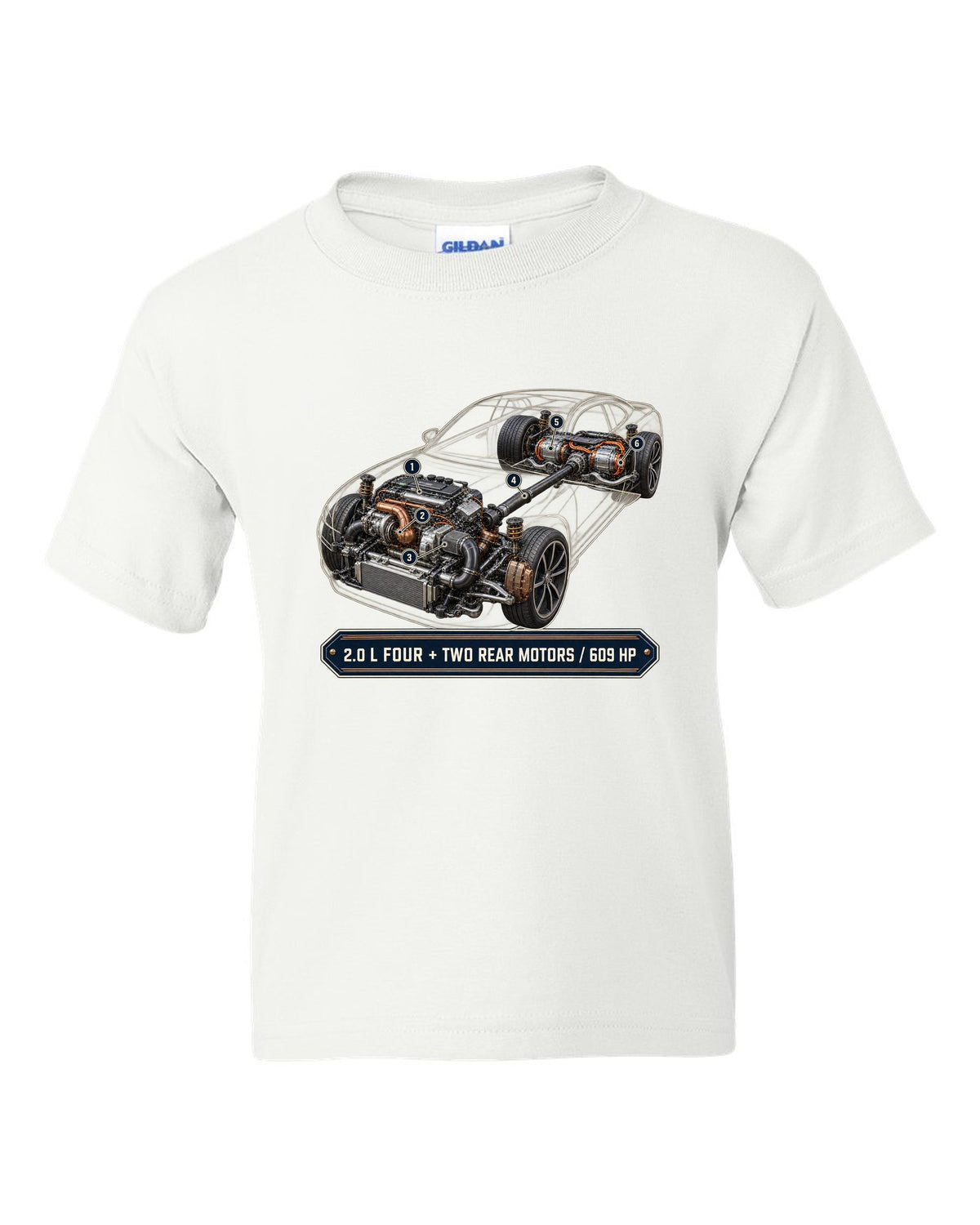 Polestar 1 hybrid drivetrain illustration, engine hero print white kids tee front view with the design