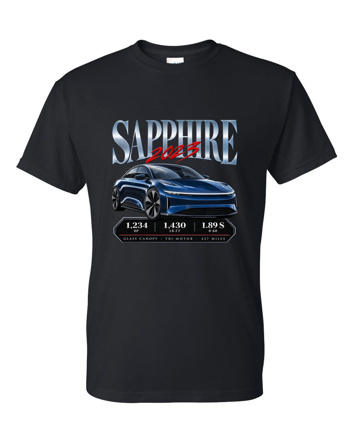 Archive panel print of a 2023 Lucid Air Sapphire with horsepower and range figures black t-shirt front view with the design
