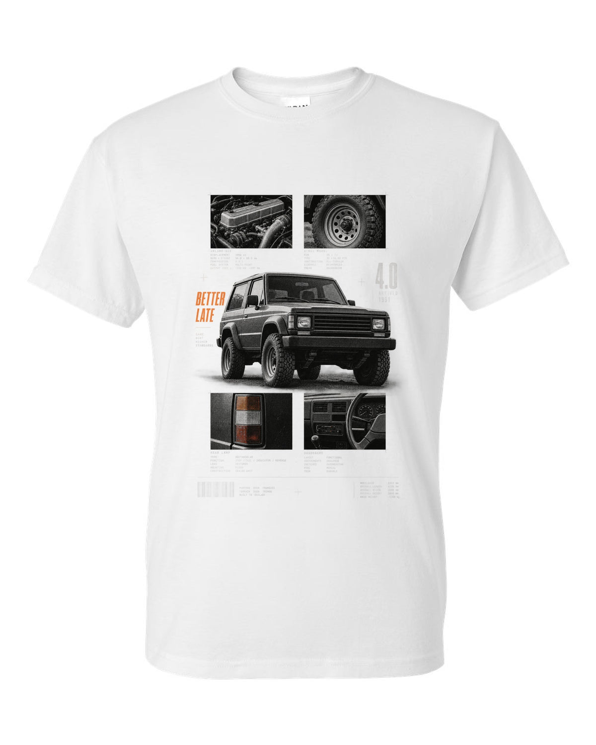 Dossier panel print for the Jeep Wrangler YJ 4.0, arrived 1991 white t-shirt front view with the design