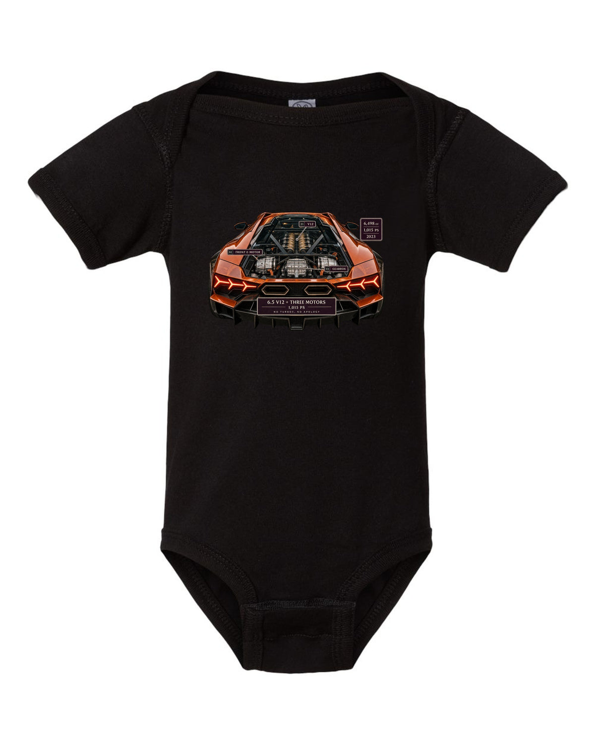 Engine hero print of a burnt orange Lamborghini Revuelto V12 black baby onesie front view with the design