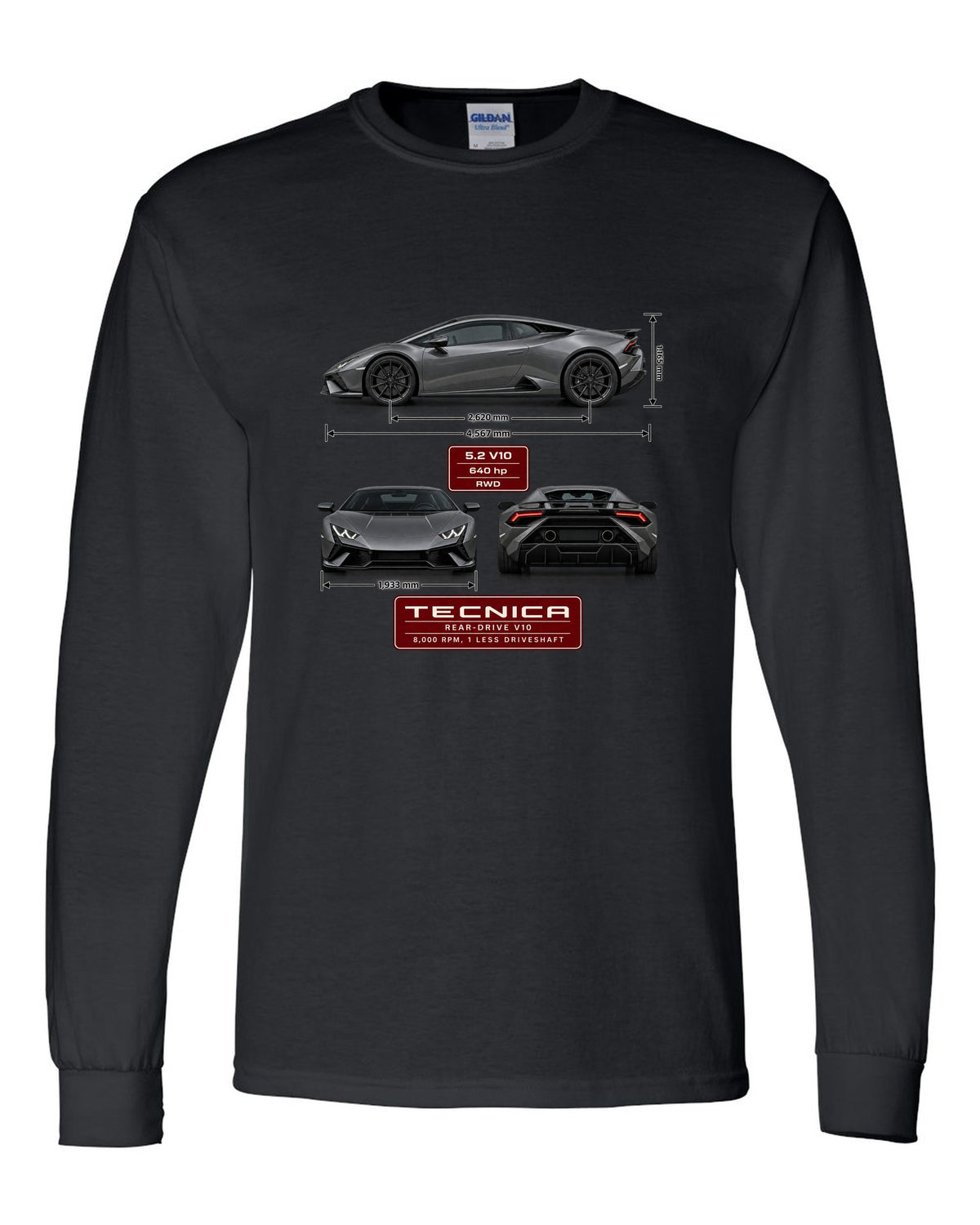 Three-view spec table print of the Lamborghini Huracan Tecnica black long sleeve front view with the design