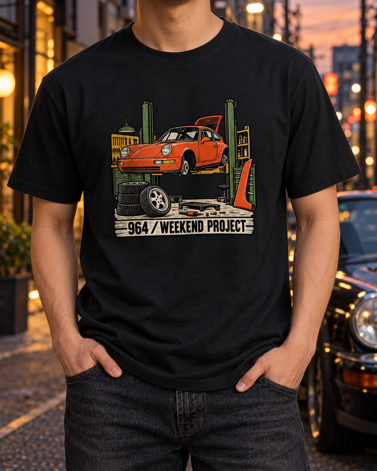 Porsche 964 Weekend Project Linocut Shirt, Outlaw 911 T-Shirt Black worn hero