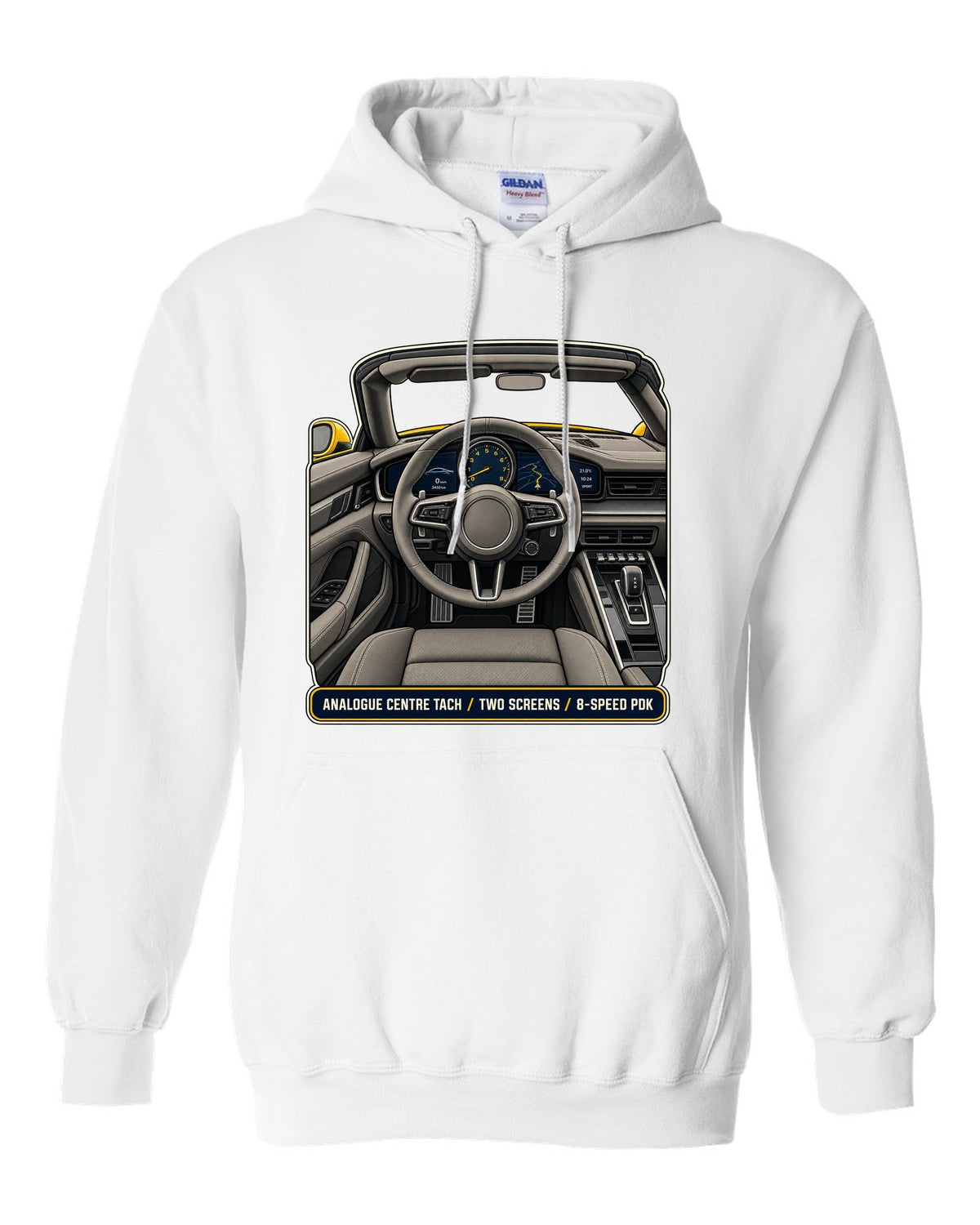 Cockpit and gauge print of a Porsche 992 Carrera S Cabriolet white pull over hoodie front view with the design