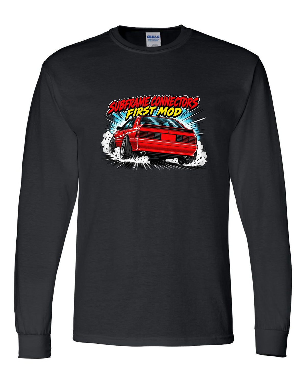 Retro manga halftone panel print of a 1991 Ford Mustang Fox Body GT chback black long sleeve front view with the design