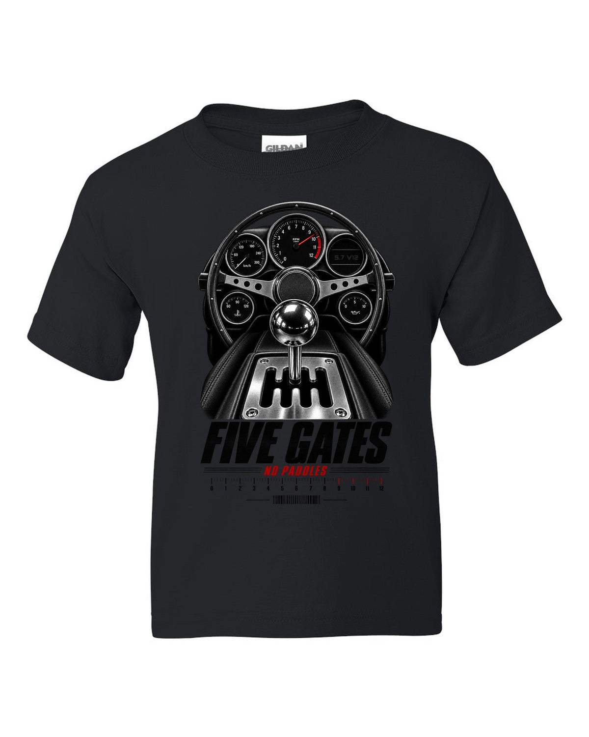 print of a Lamborghini Diablo cockpit with gated five-speed shifter and 5.7 V12 text black kids tee front view with the design