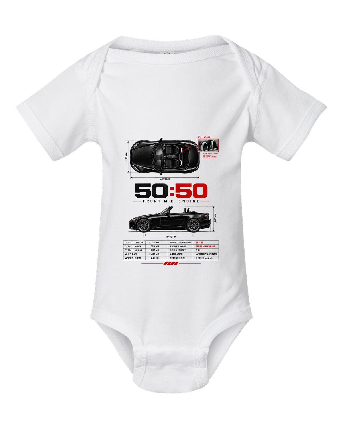Honda S2000 AP2 roadster spec poster design with 50:50 front mid engine 2,400 mm text white baby onesie front view with the design