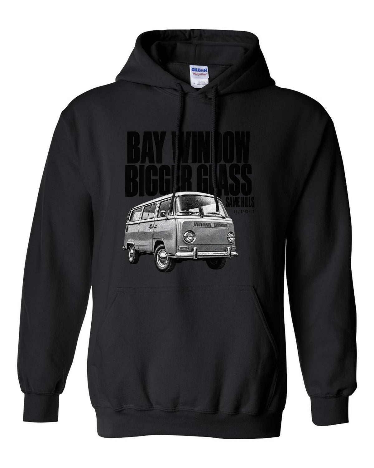 Halftone print of a VW T2 Bay Window bus front three-quarter with bigger glass same hills text black pull over hoodie front view with the design