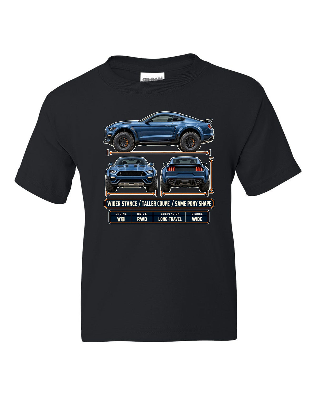 print of a Mustang Raptor concept three-view drawing with spec table and pony shape text black kids tee front view with the design