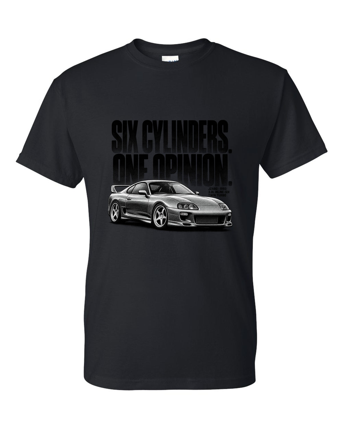 Halftone print of a Toyota Supra A80 JZA80 profile with the text Six Cylinders One Opinion black t-shirt front view with the design