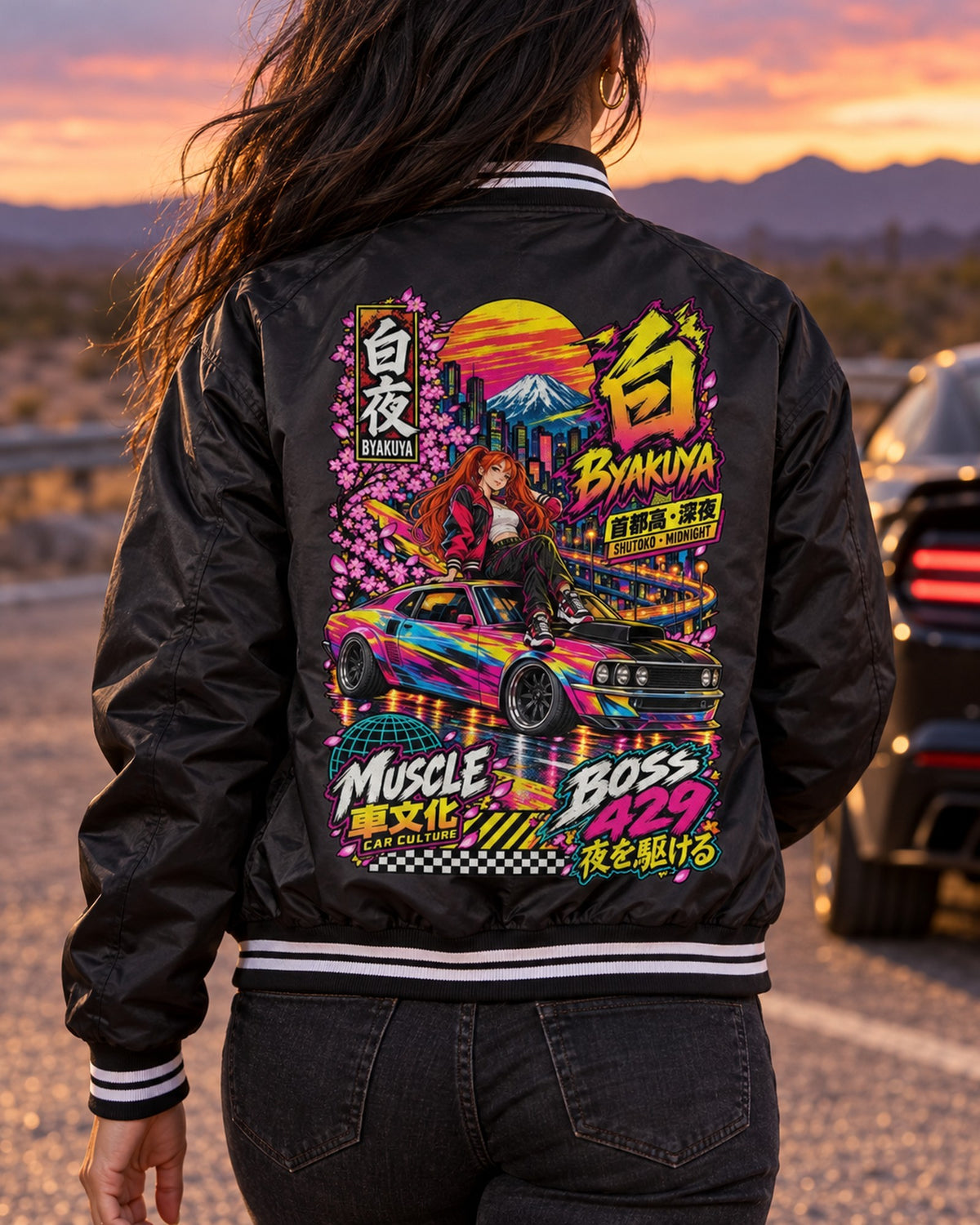 BYAKUYA BOSS 429 Anime Girl Full-Back Graphic Tee Bomber Jacket Black worn hero