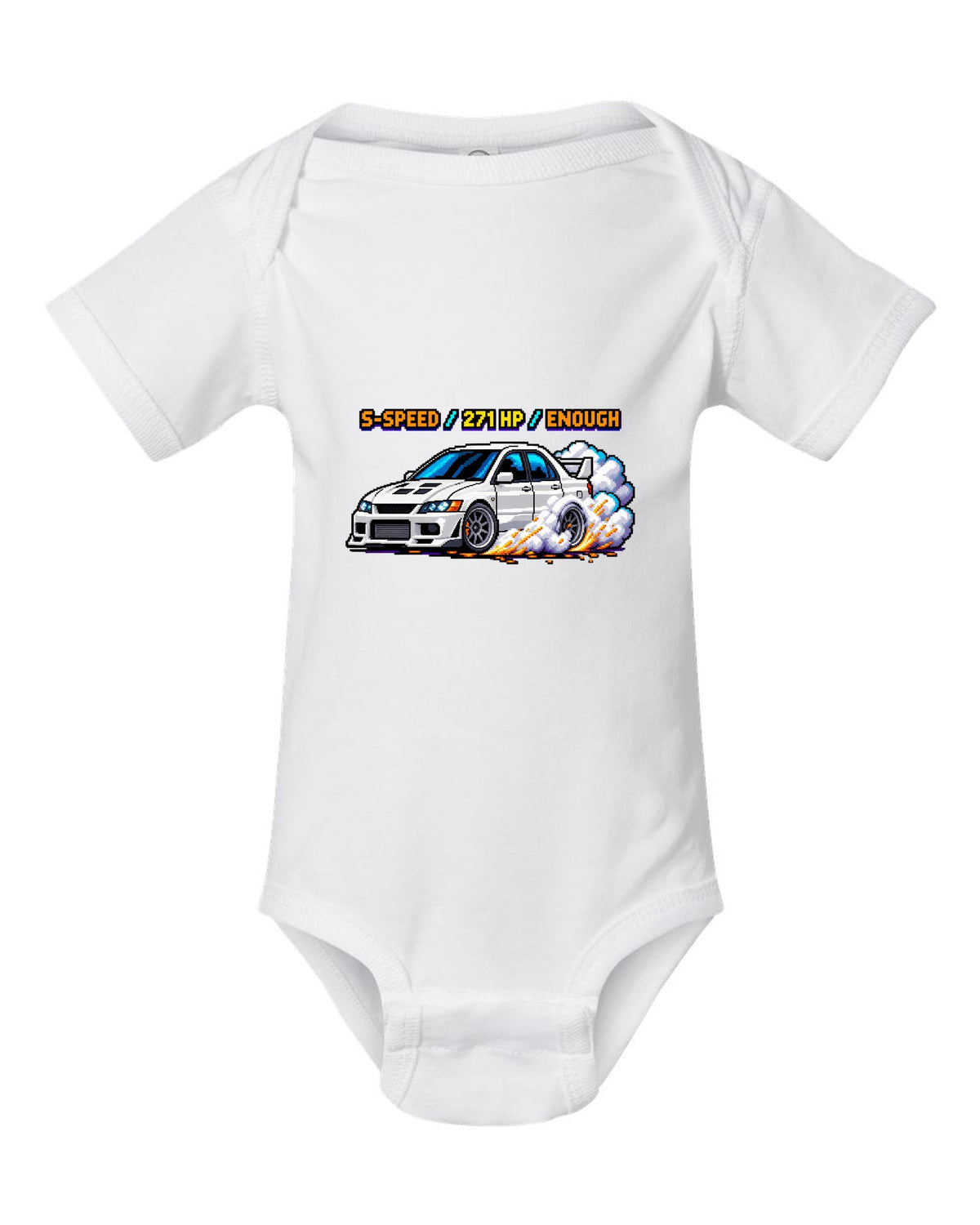 8-bit pixel art Mitsubishi Lancer Evolution VIII CT9A with launch control stats white baby onesie front view with the design