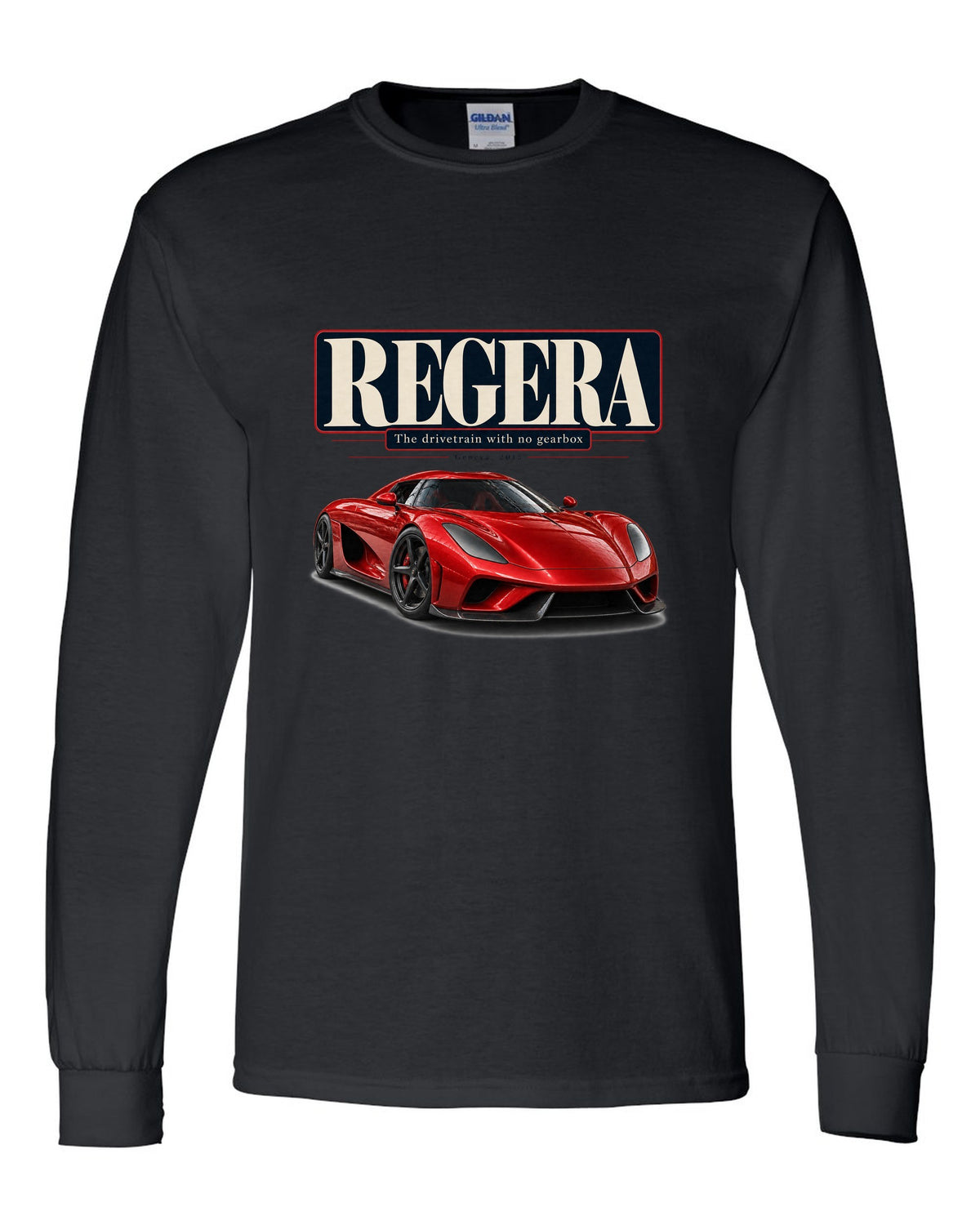 Editorial headline poster of the Koenigsegg Regera about its drivetrain, print black long sleeve front view with the design