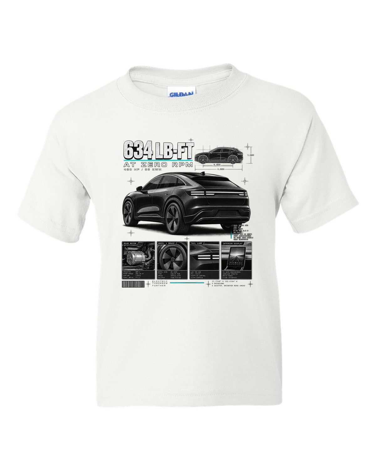 Ford Mustang Mach-E GT CX727 dossier panel print with 634 lb-ft at zero rpm white kids tee front view with the design