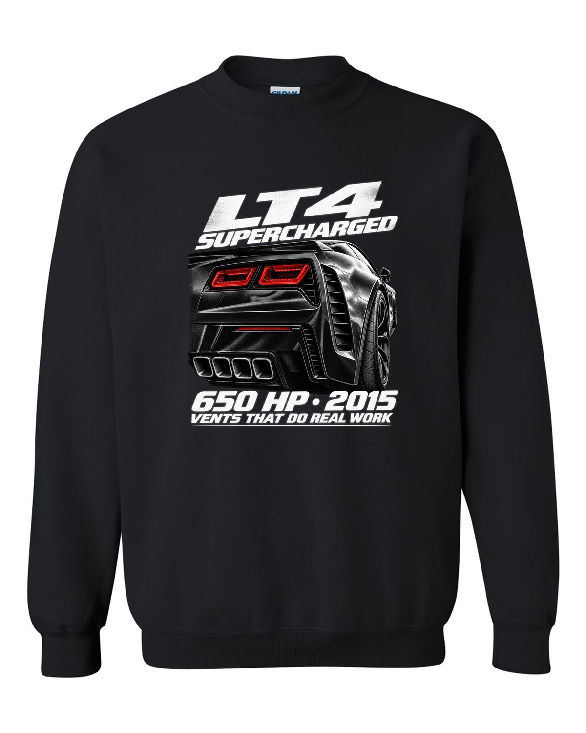 Corvette C7 Z06 rear vents close-up with LT4 650 HP text black crewneck front view with the design