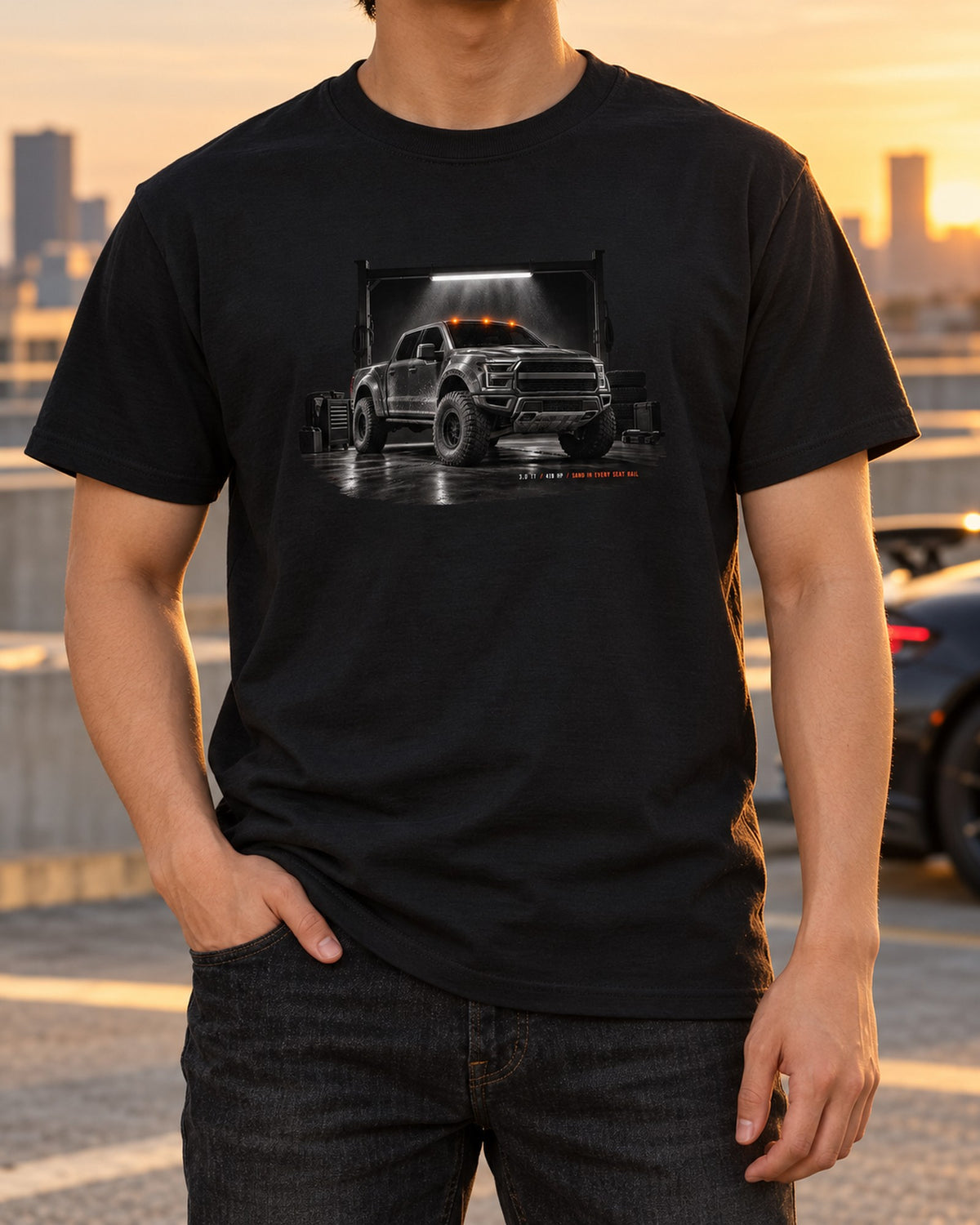 2022 Ford Bronco Raptor U725 Dune Truck Garage Graphic Tee T-Shirt Black worn hero