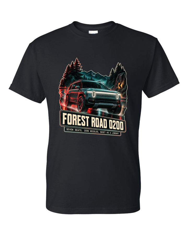 Night street print of a Rivian R1S low front three-quarter on a forest road black t-shirt front view with the design