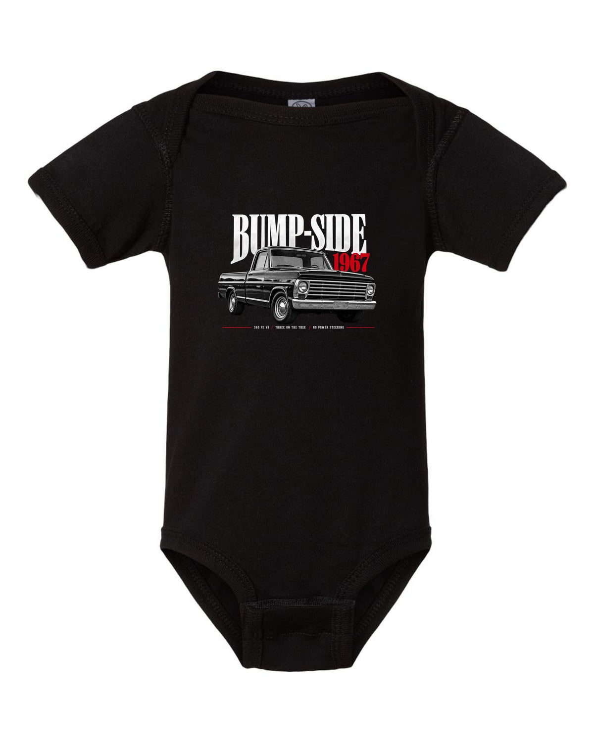 Ford F-Series Bump-Side 1967 360 FE V8 Editorial Graphic Tee black baby onesie front view with the design