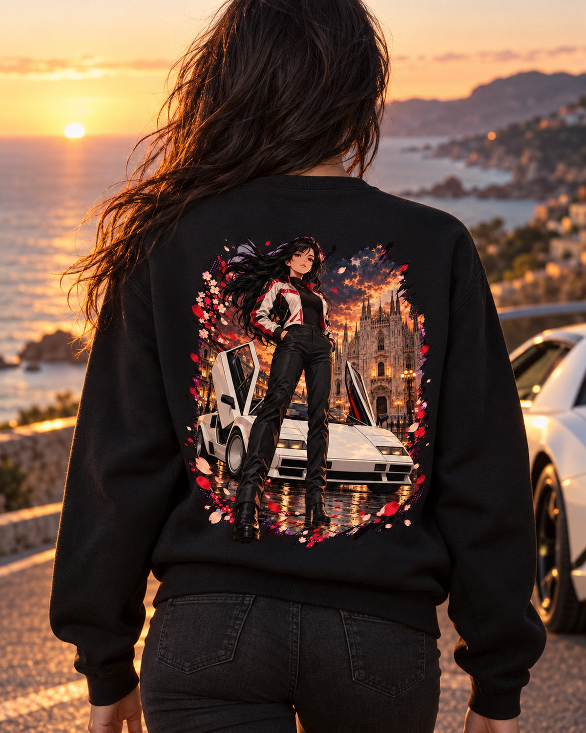 Lamborghini Countach Anime Girl Shirt, Hoodie & More Crewneck Black worn hero