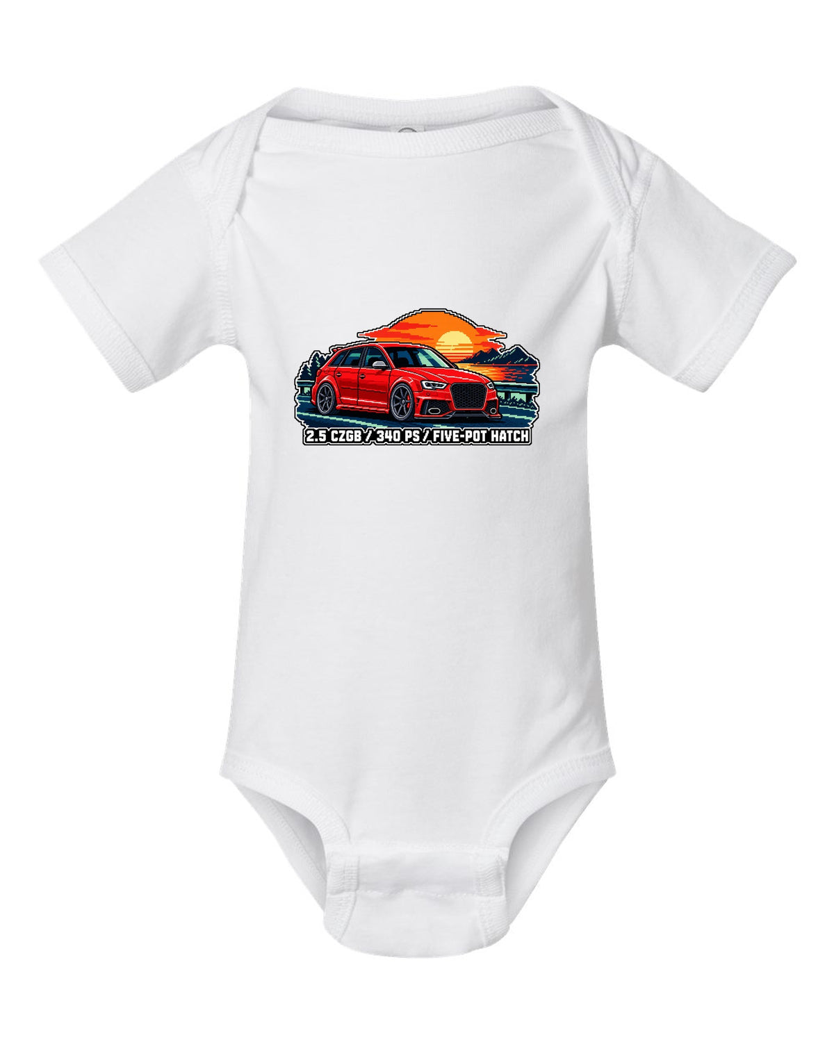 16-bit pixel art print of an Audi RS3 Sportback 8P with 2.5 CZGB text white baby onesie front view with the design