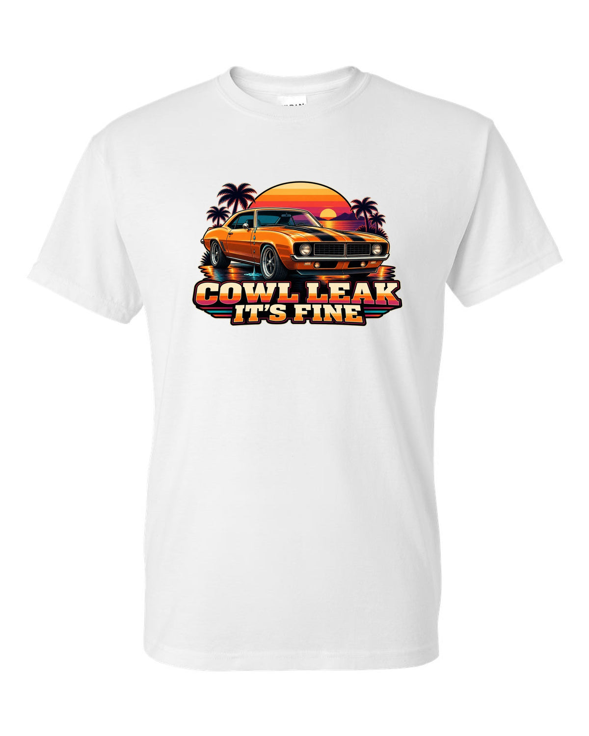 Retro banded sunset illustration of a 1969 Chevrolet Camaro coupe with cowl leak lettering white t-shirt front view with the design