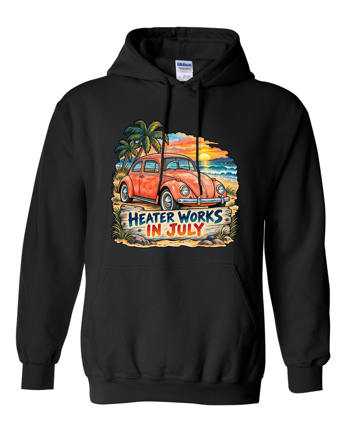 Watercolour sunset beach scene with a 1960s VW Beetle Type 1 and heater works in July text black pull over hoodie front view with the design