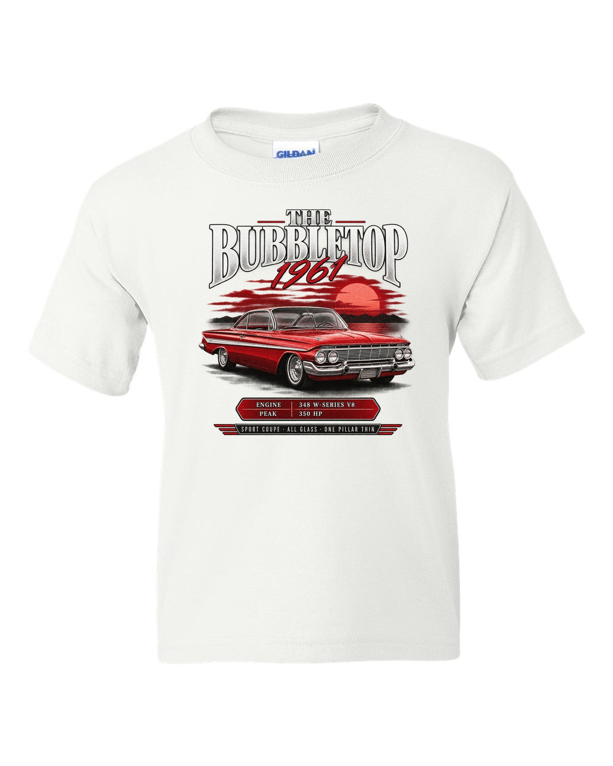 1961 Impala Sport Coupe bubbletop archive panel print with 348 V8 callouts white kids tee front view with the design