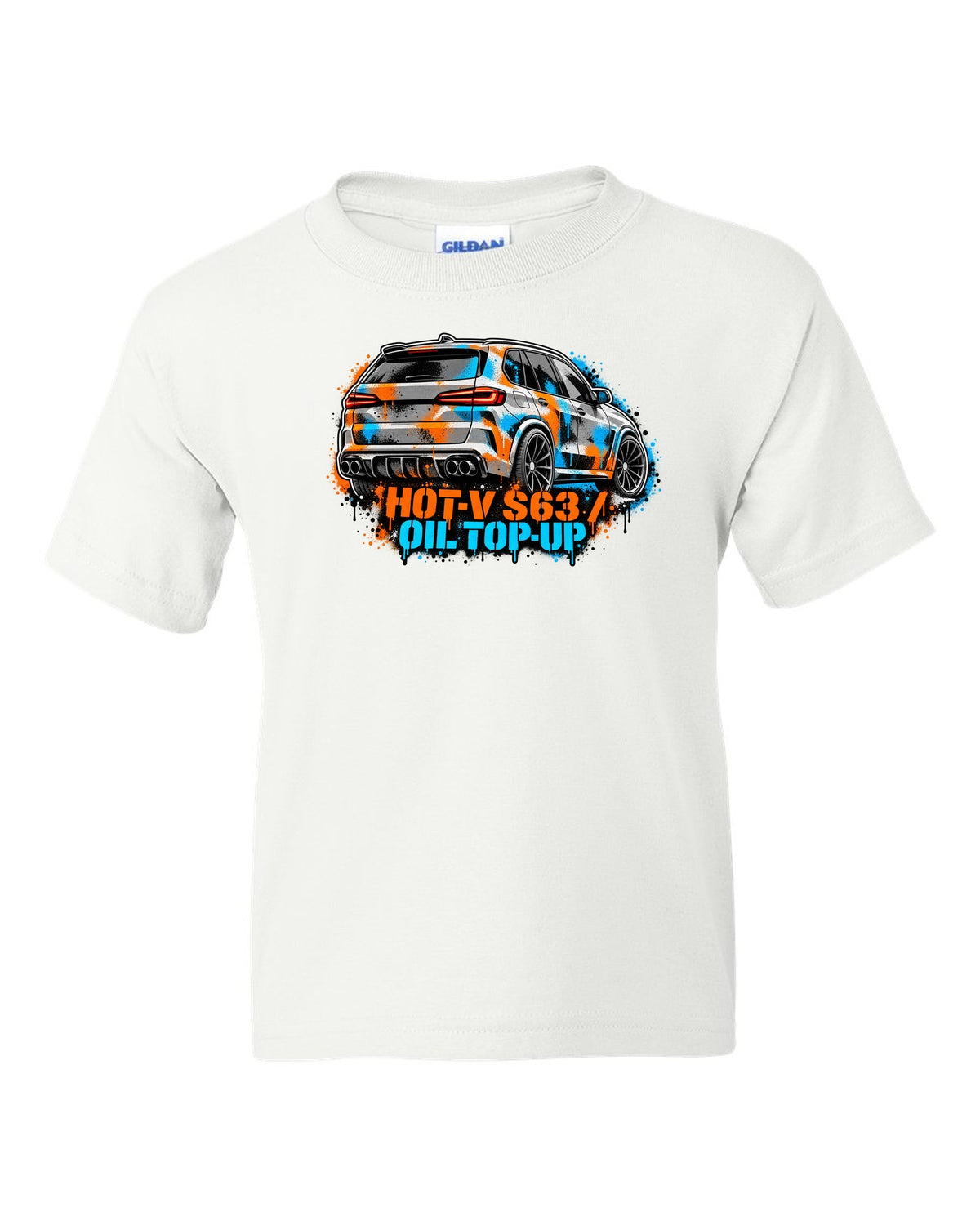 Varsity crest print of a BMW i8 I12 with silent electric range lettering white kids tee front view with the design